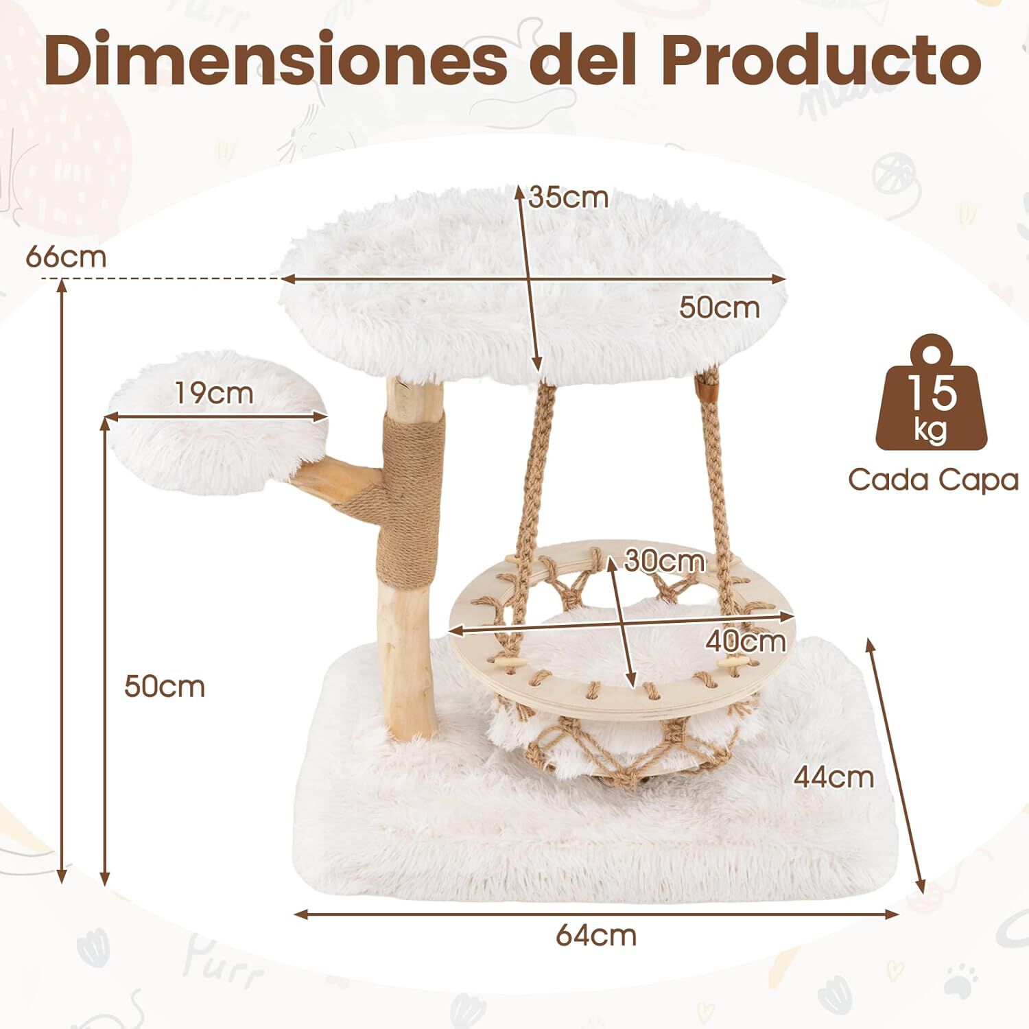 COSTWAY Árbol Rascador para Gatos Moderno, Marco de Madera Peral, 66 cm Torre para Gatitos con Cuna Colgante, Arbol Gatos con Plataforma Acolchada, Cojín de Peluche Suave, Poste de Yute, Blanco thumbnail