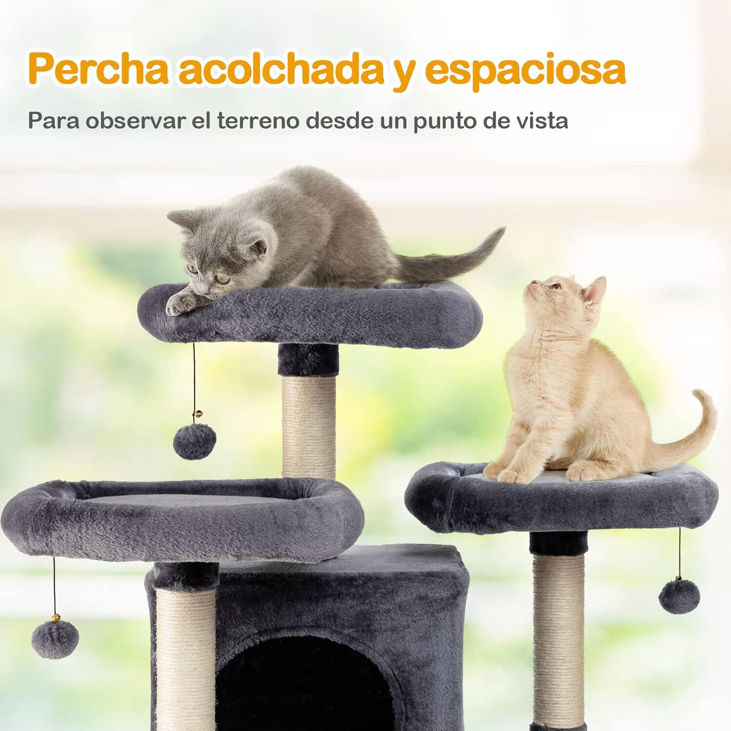 COSTWAY Rascador para Gatos, Torre Multinivel 170 cm para Gatos con Palos Rascadores y Tablas, Centro Actividad para Gatos con 3 Posaderos Afelpados, 2 Casitas Acolchadas, 3 Bolitas de Pelo Colgantes, , large Imagen numero 5