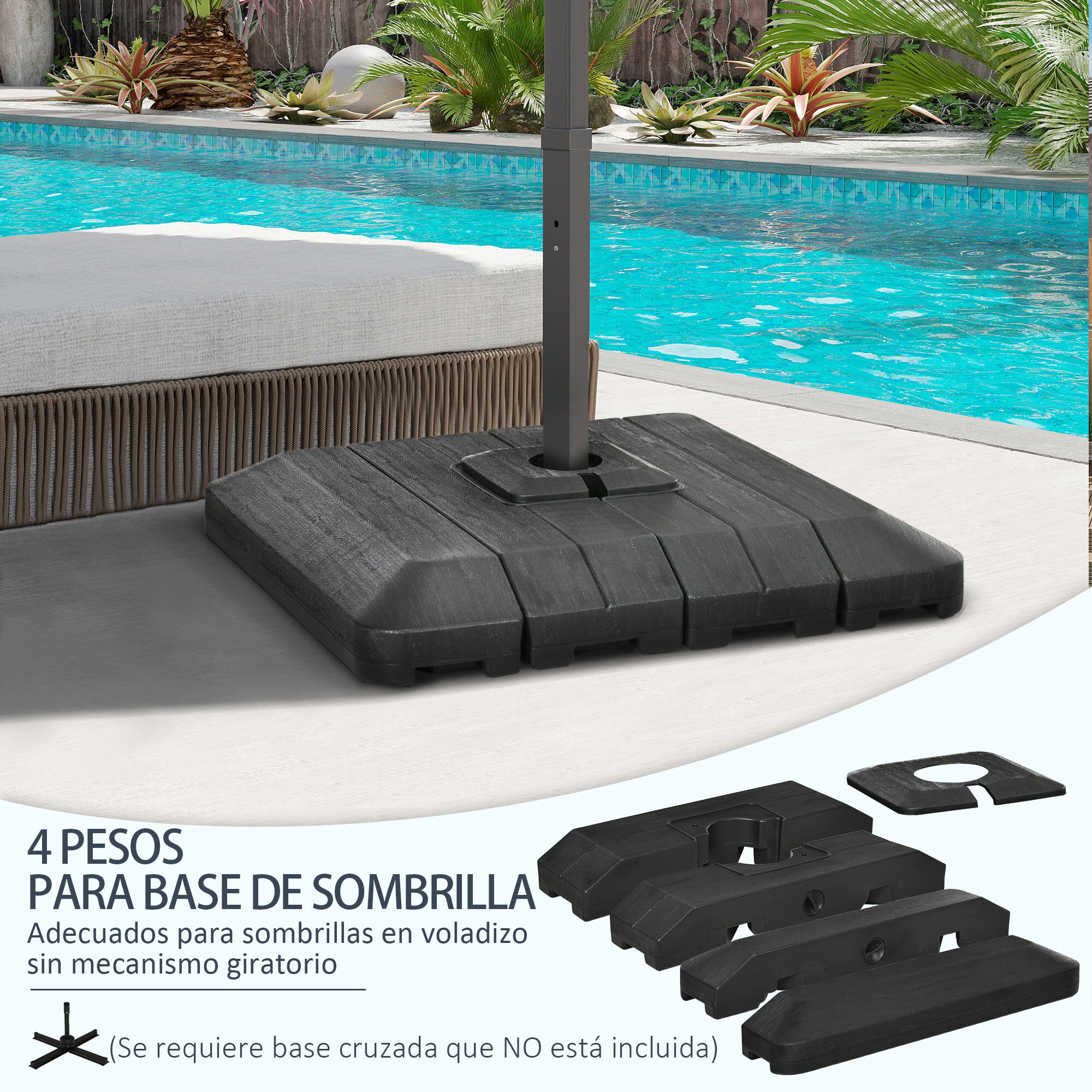 Outsunny Pesos de Base de Sombrilla en Voladizo de 4 Piezas Soporte de Parasol de Patio Rellenable de Agua de 100 kg o Arena de 135 kg para Base Cruzada 98x98x18,5 cm Negro, , large Imagen numero 4