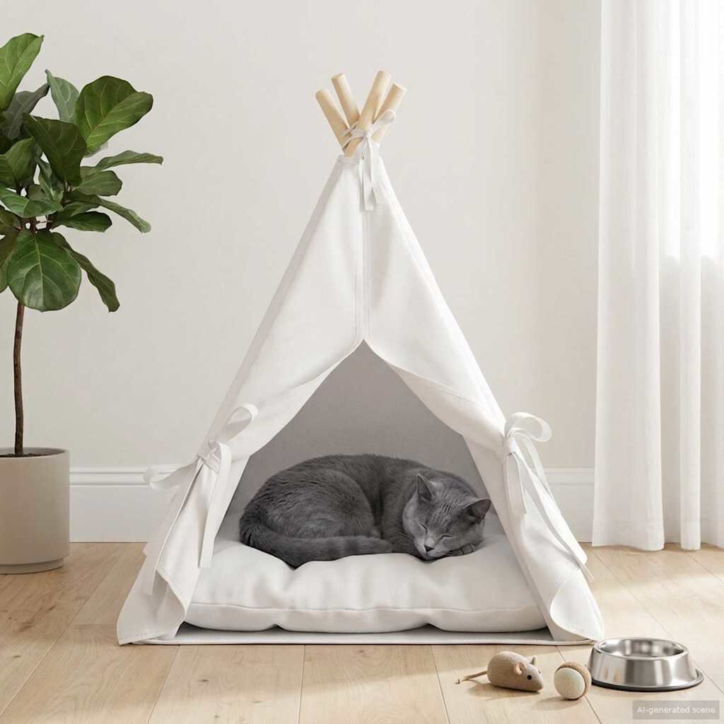 vidaXL Tienda de campa&ntilde;a para mascotas con coj&iacute;n Blanco Poli&eacute;ster Teepee gatos, , large Imagen numero 3