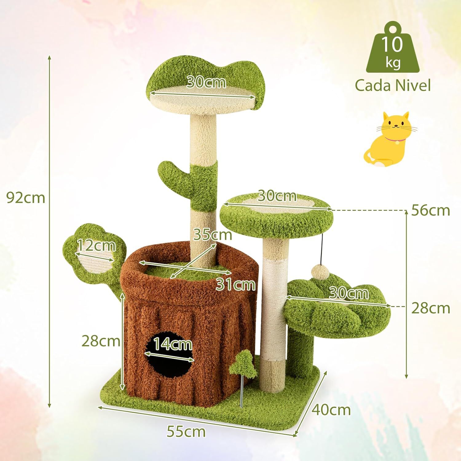 COSTWAY &Aacute;rbol para Gatos de Bosque, Torre Multinivel con Condominio de Tronco, Percha Floral Acolchada, Rascador de Sisal y Juguetes, Centro de Actividades para Gatitos y Adultos, Verde + Marr&oacute;n, , large Imagen numero 2