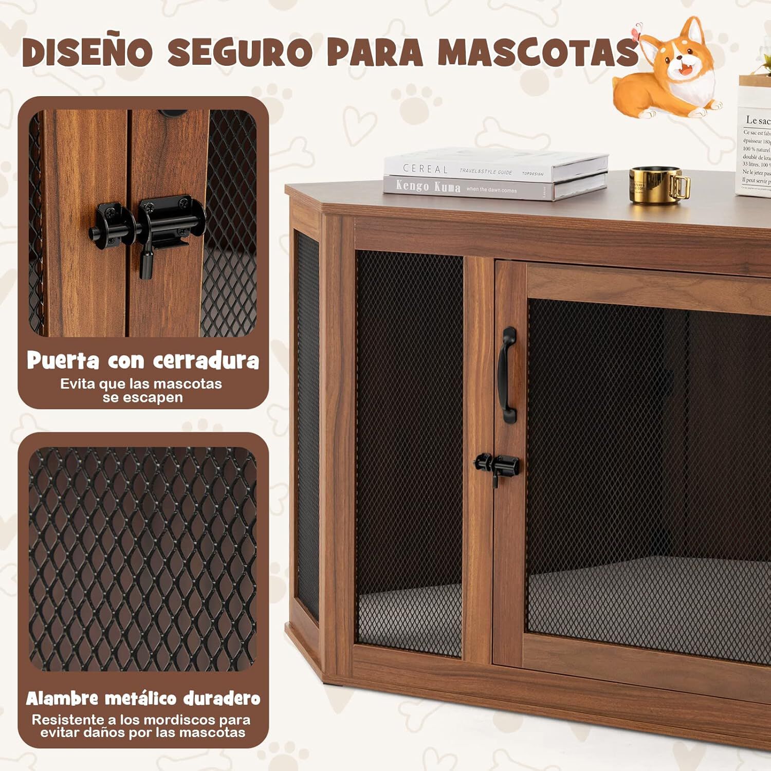 COSTWAY Mueble de Esquina para Mascotas, Casa para Perros con Puerta de Malla y Coj&iacute;n, Jaula para Perros con Estilo de Mueble para Uso Interior, Casa Decorativa para Mascotas para Habitaciones, , large Imagen numero 5