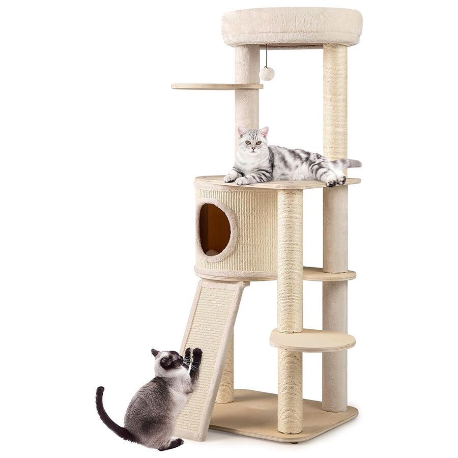 COSTWAY Rascador para Gatos, 143 cm Árbol Rascador para Gatos Moderno, Torre Escalador para Gatitos con Alfombrilla, 4 Postes de Rascado de Sisal, 6 Plataformas, Nido, Cama, Rampa, Natural thumbnail