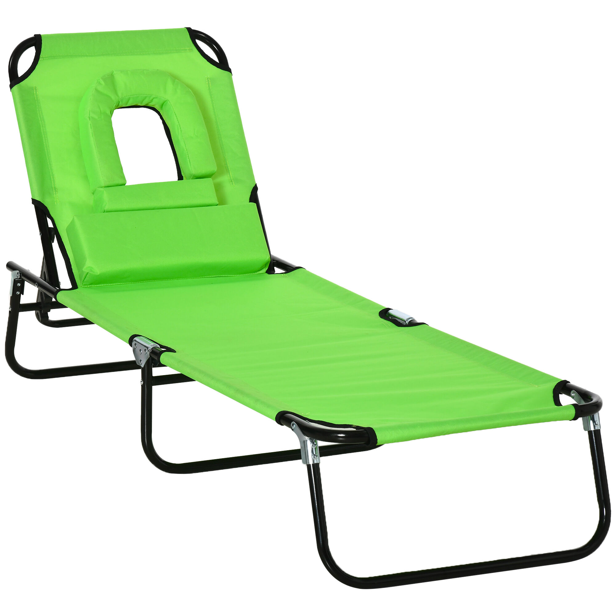 Outsunny Tumbona Plegable con Respaldo Regulable en 4 Posiciones Tumbona de Jard&iacute;n con Almohada Marco de Acero y Tela Oxford para Camping Playa Terraza Carga 120 kg 190x56x28 cm Verde, , large Imagen numero 1