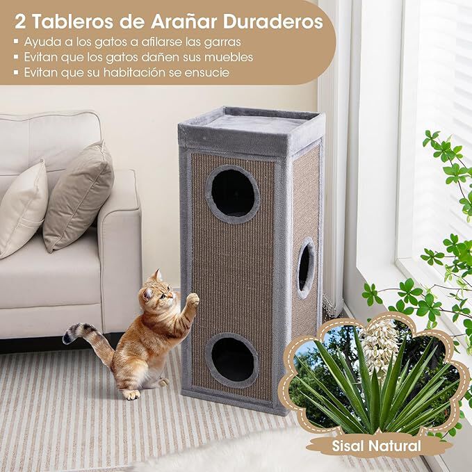COSTWAY Casa para Gatos de 3 Pisos, Condo para Gatos en Forma de Barril con 3 Escondites y Postes Rascadores de Sisal, 4 Suaves Cojines de Felpa Extra&iacute;bles, Moderno Mueble para Gato de Interior, , large Imagen numero 4