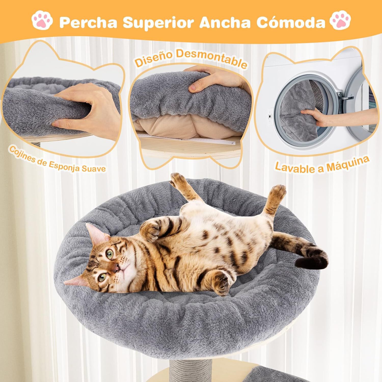 COSTWAY &Aacute;rbol Rascador para Gatos Grandes de 197 cm, Torre de Escalador para Gatos de M&uacute;ltiples Niveles con Acolchado Superior, Casa, Alfombrillas Desmontables, Postes para Rascar, Base Estable, Gris, , large Imagen numero 3
