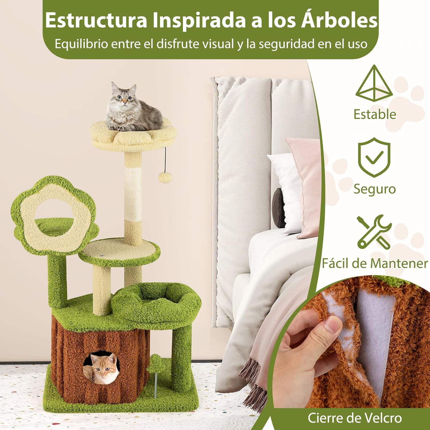 COSTWAY Árbol para Gatos de Bosque, Torre Multinivel con Condo Tronco, Plataforma Floral Acolchada, Rascador de Sisal y Juguetes, Centro de Actividades para Gatitos y Adultos, Verde + Marrón thumbnail