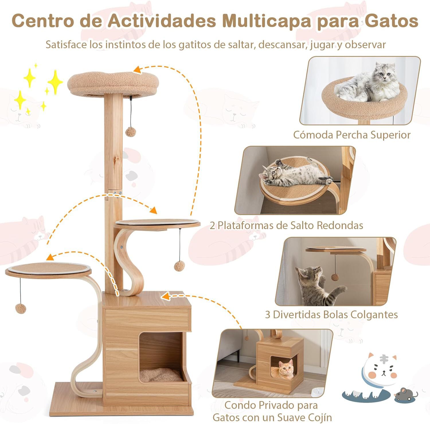 COSTWAY Rascador para Gatos de 129 cm, &Aacute;rbol para Gatos con Poste de Madera Maciza, Marco de Madera Contrachapada Curvada, Condominio, Percha, Cojines Lavables, Centro de Actividades de 4 Capas, , large Imagen numero 5