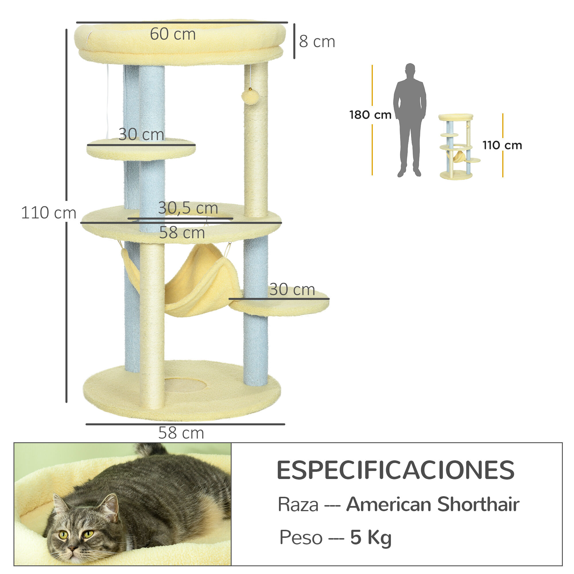 PawHut &Aacute;rbol Rascador para Gatos Mediano 110 cm Torre para Gatos Centro de Actividades para Gatitos con Hamaca Poste de Sisal y Bola Colgante &Oslash;58x110 cm Amarillo y Azul, , large Imagen numero 3
