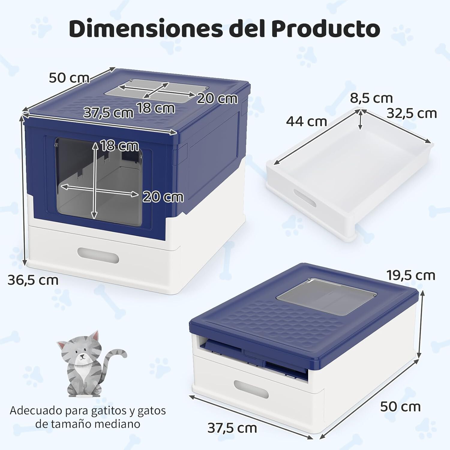 COSTWAY Arenero para Gatos Cubierto, Caja de Arena para Gatos Grande con Entrada Frontal y Salida Abatible, Bandeja Port&aacute;til, Caj&oacute;n, Arenero Cerrado Plegable para Gato, 50x38x37 cm (Azul + Blanco), , large Imagen numero 5