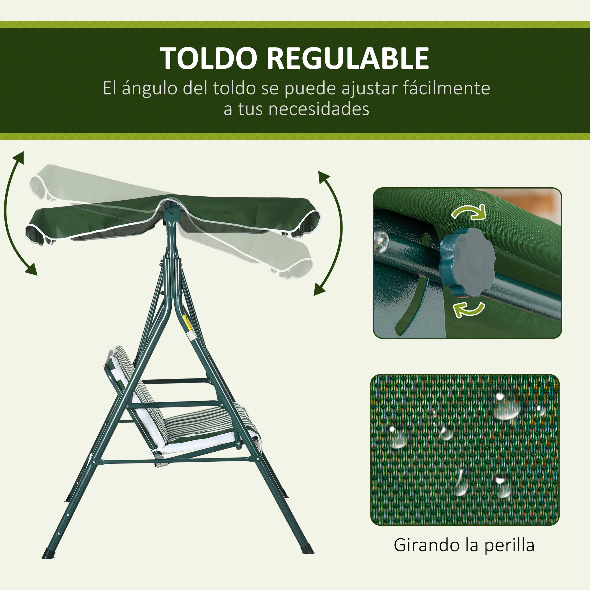 Outsunny Columpio Balanc&iacute;n de Jard&iacute;n Exterior de 3 Plazas con Coj&iacute;n Techo Ajustable y Marco de Acero para Balc&oacute;n Terraza Patio Carga M&aacute;x. 240 kg 172x110x153 cm Raya Verde, , large Imagen numero 4