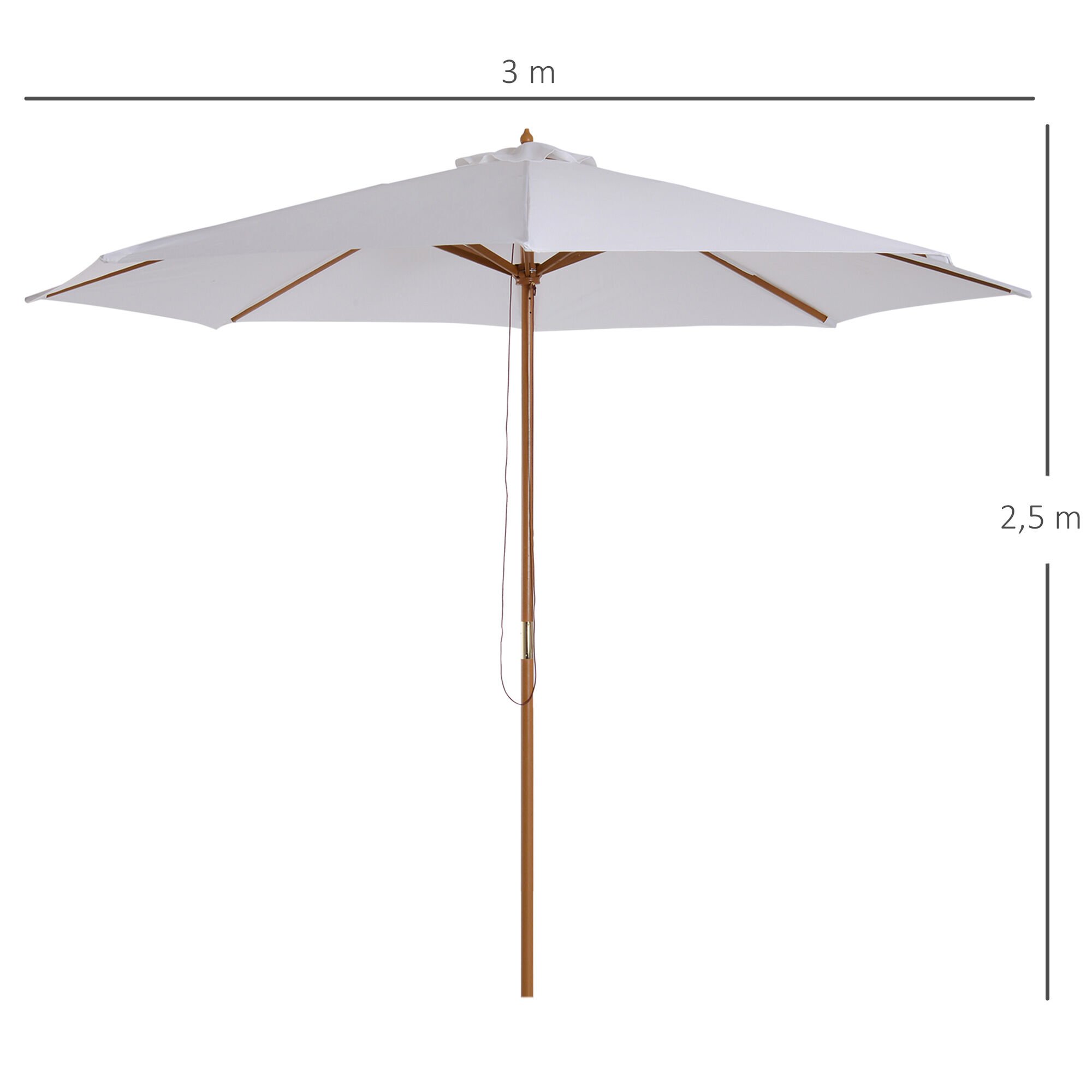 Outsunny Sombrilla Parasol de Jard&iacute;n &Oslash;300x250 cm con Sistema de Pestillo de Fijaci&oacute;n Techo Ventilado y Poste Desmontable de Madera para Terraza Patio Exterior Blanco, , large Imagen numero 3