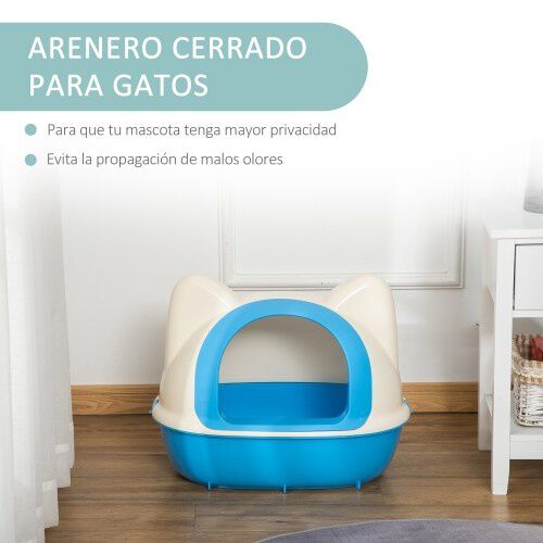PawHut arenero caja cerrado blanco y azul para gatos, , large Imagen numero 4