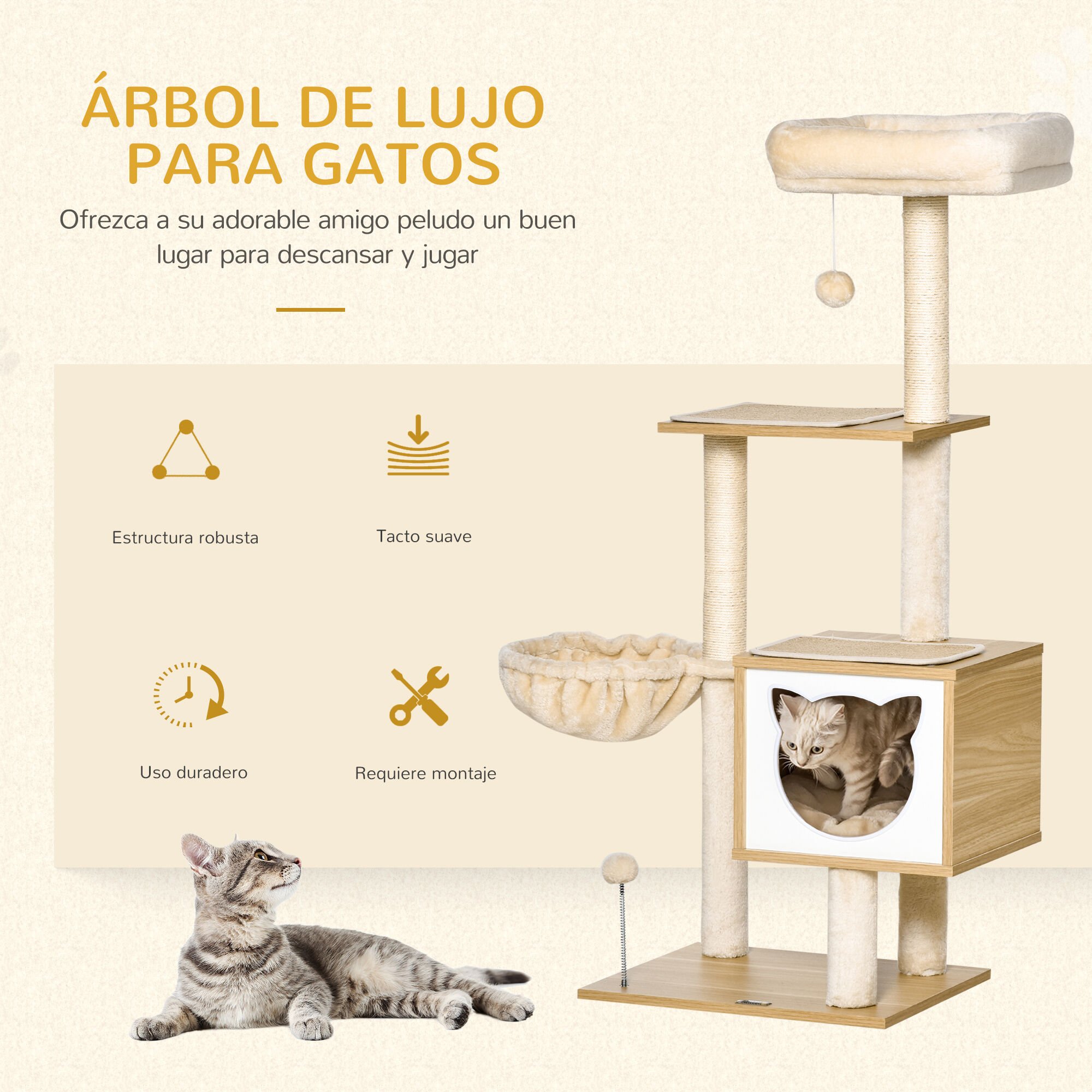PawHut Árbol Rascador con Plataforma beige para gatos thumbnail