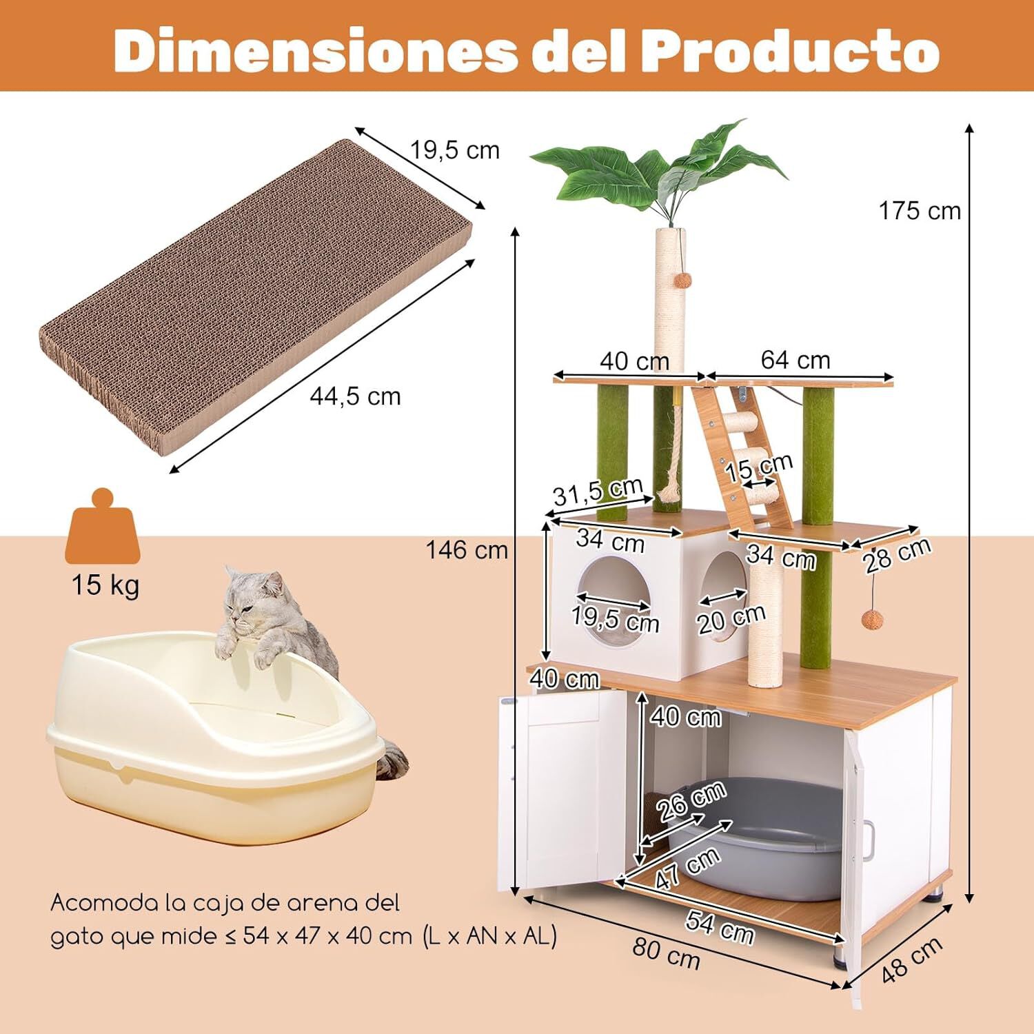 COSTWAY &Aacute;rbol para Gatos con Caja de Arena, 2 en 1 Rascador para Gatos Moderno, &Aacute;rbol de Actividades para Gatos con Escalera, Rascador, Cuerda de Sisal y Bolas Colgantes, Verde y Blanco y Natural, , large Imagen numero 2