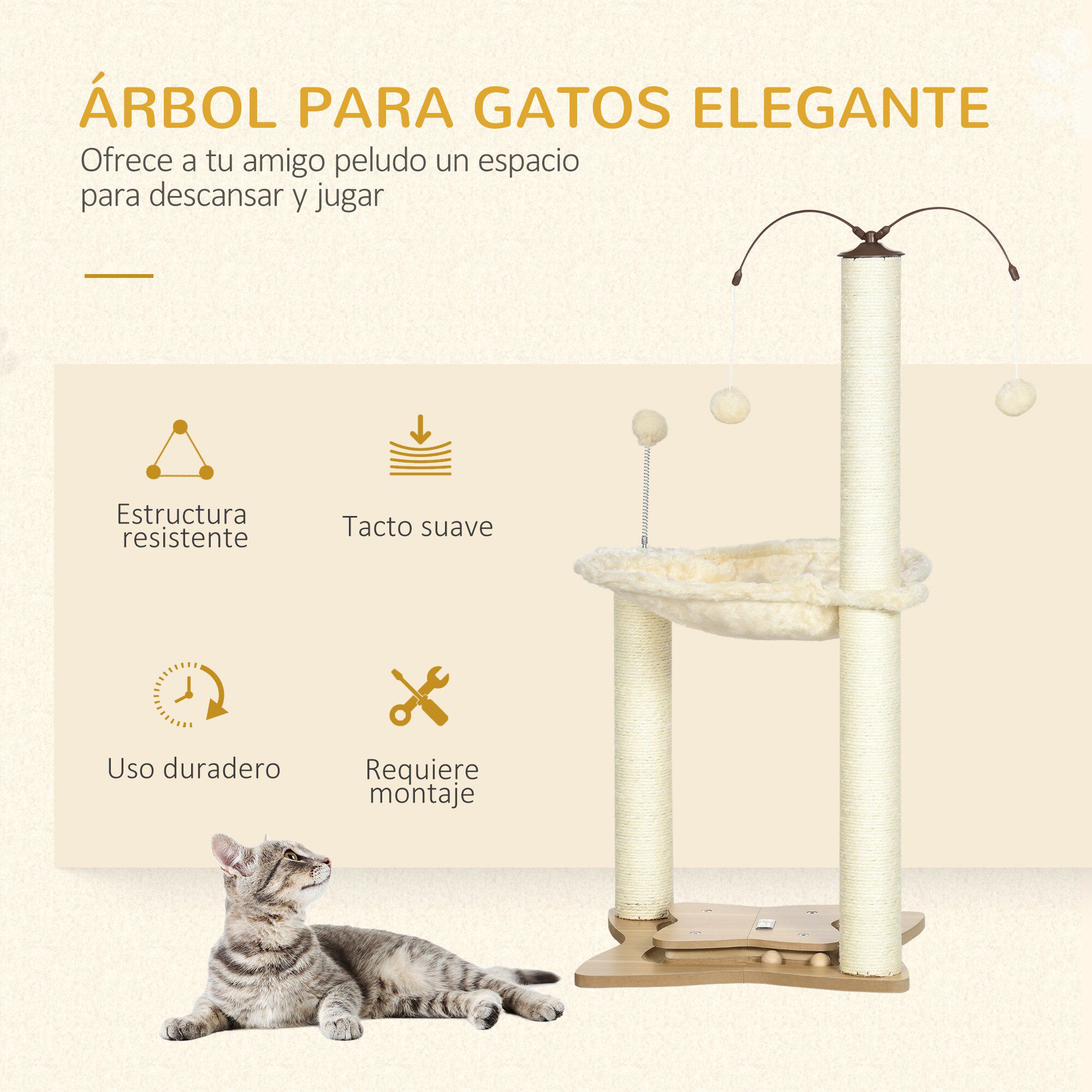 PawHut &Aacute;rbol Rascador para Gatos con Hamaca Postes de Sisal, , large Imagen numero 4