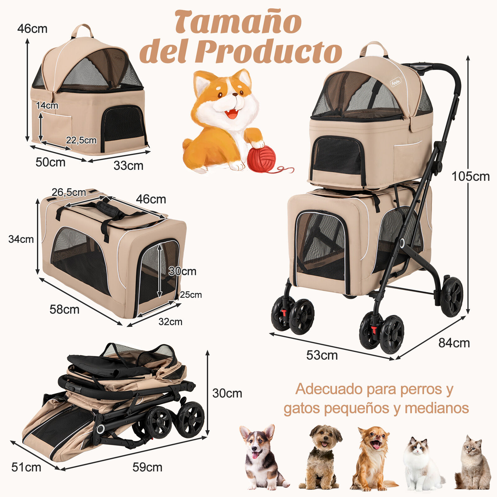 COSTWAY Cochecito para Perros Plegable, 3 en 1 Carrito para 2 Perros o Gatos, con 2 Transportines Desmontables, Cintur&oacute;n de Seguridad, Cojines Desmontables, Carrito de Viaje para Mascotas (Beige), , large Imagen numero 3