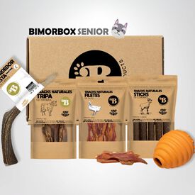 BIMORBOX Perros Senior Medianos y Grandes – Pack Ahorro con Juguete, Mordedor de Asta de Ciervo y Snacks Sin Aditivos