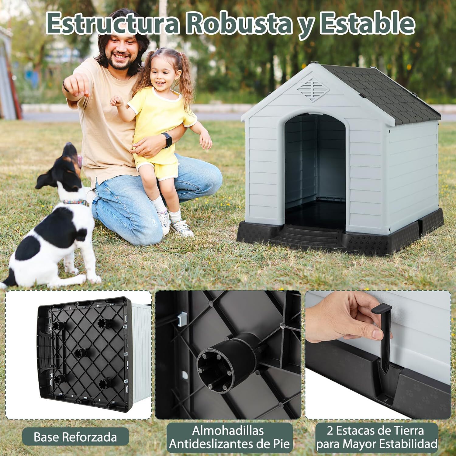 COSTWAY Casa de Pl&aacute;stico para Perros, Caseta Impermeable con Suelo Elevado y V&aacute;lvulas de Aire, Ideal para Perros Peque&ntilde;os y Medianos, Interior y Exterior (Negro y Gris, 65 x 70 x 71,5 cm), , large Imagen numero 4