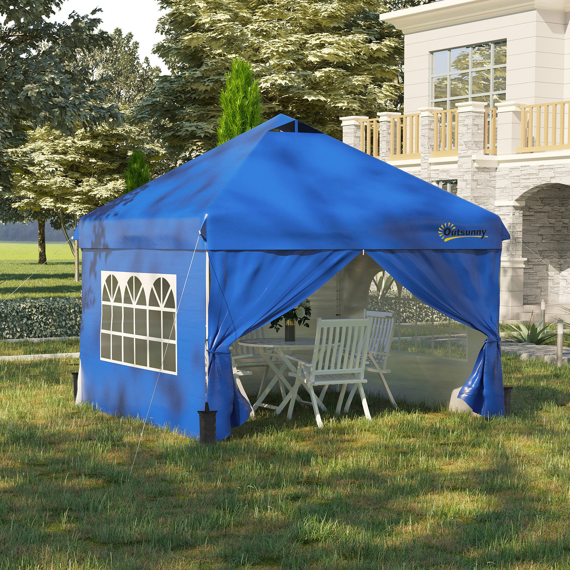 Outsunny Carpa Plegable 3x3 m con Altura Ajustable de 3 Niveles Cenador de Jard&iacute;n con 4 Paredes Extra&iacute;bles 2 Ventanas 4 Sacos de Arena y Bolsa de Transporte Gazebo para Exterior Camping Azul, , large Imagen numero 2