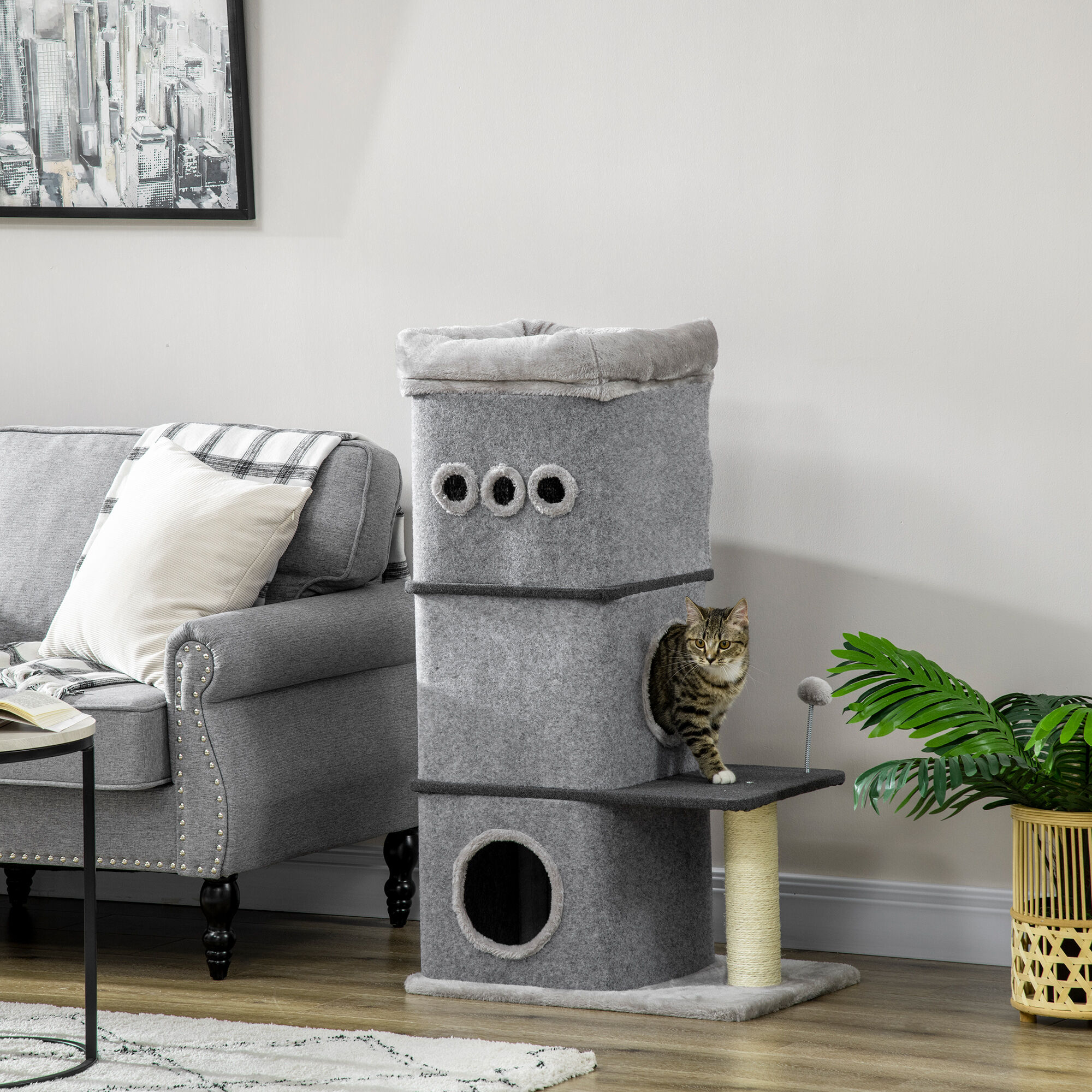 PawHut Barril Rascador para Gatos de 3 Niveles Altura 102 cm Torre para Gatos con Caseta de Fieltro Desmontable Poste de Sisal Cama y Bola de Juguete 60x40x102 cm Gris, , large Imagen numero 2