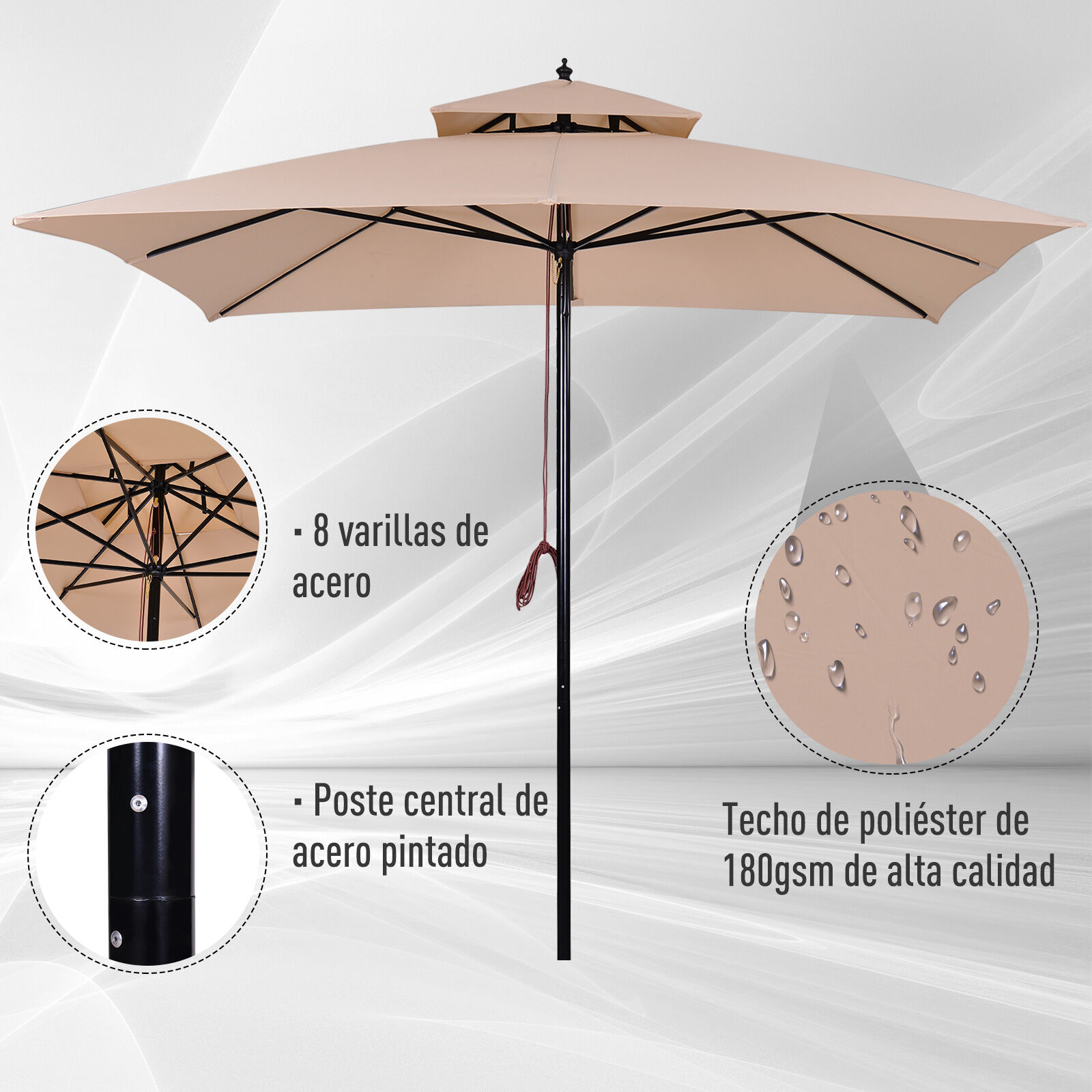 Outsunny Sombrilla de Jardín 3x3x3 m con Doble Techo Impermeable y Manivela Beige thumbnail