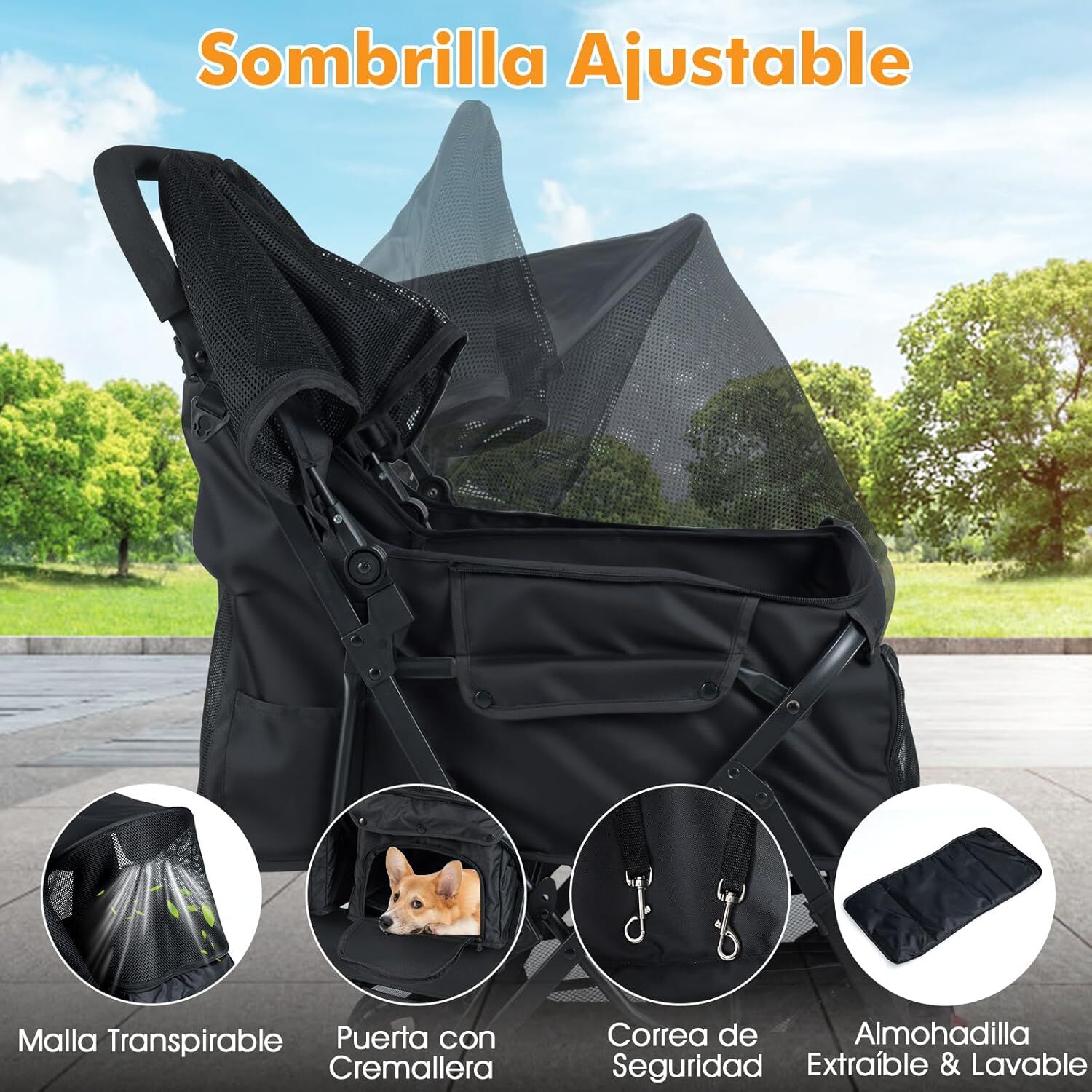 COSTWAY Carrito para Perros Doble, Cochecito Plegable para Perros con 2 Portabeb&eacute;s, Sombrilla Ajustable, Almohadilla Extra&iacute;ble, Cintur&oacute;n de Seguridad, Cesta, Carro Mascotas, Carga 12 kg uno (Negro), , large Imagen numero 2