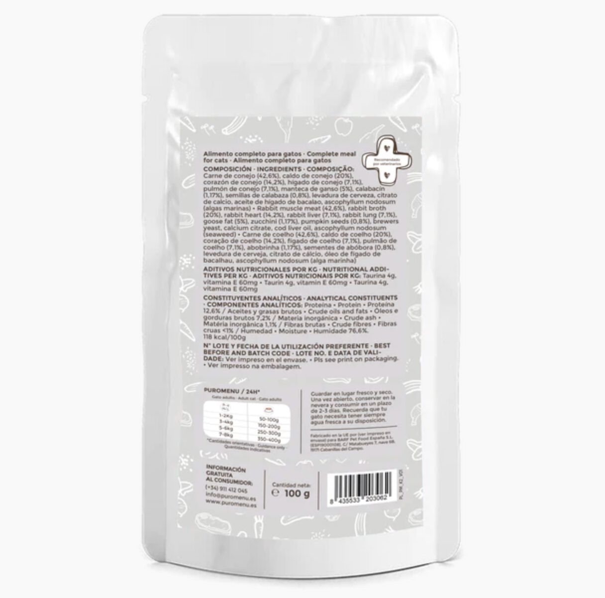Comida h&uacute;meda para gatos de Conejo (100g) | con 96% de carne de Vacuno | Sin cereales | Sin patata | Sin aditivos | Monoproteico | 1 sobre de 100g, , large Imagen numero 2