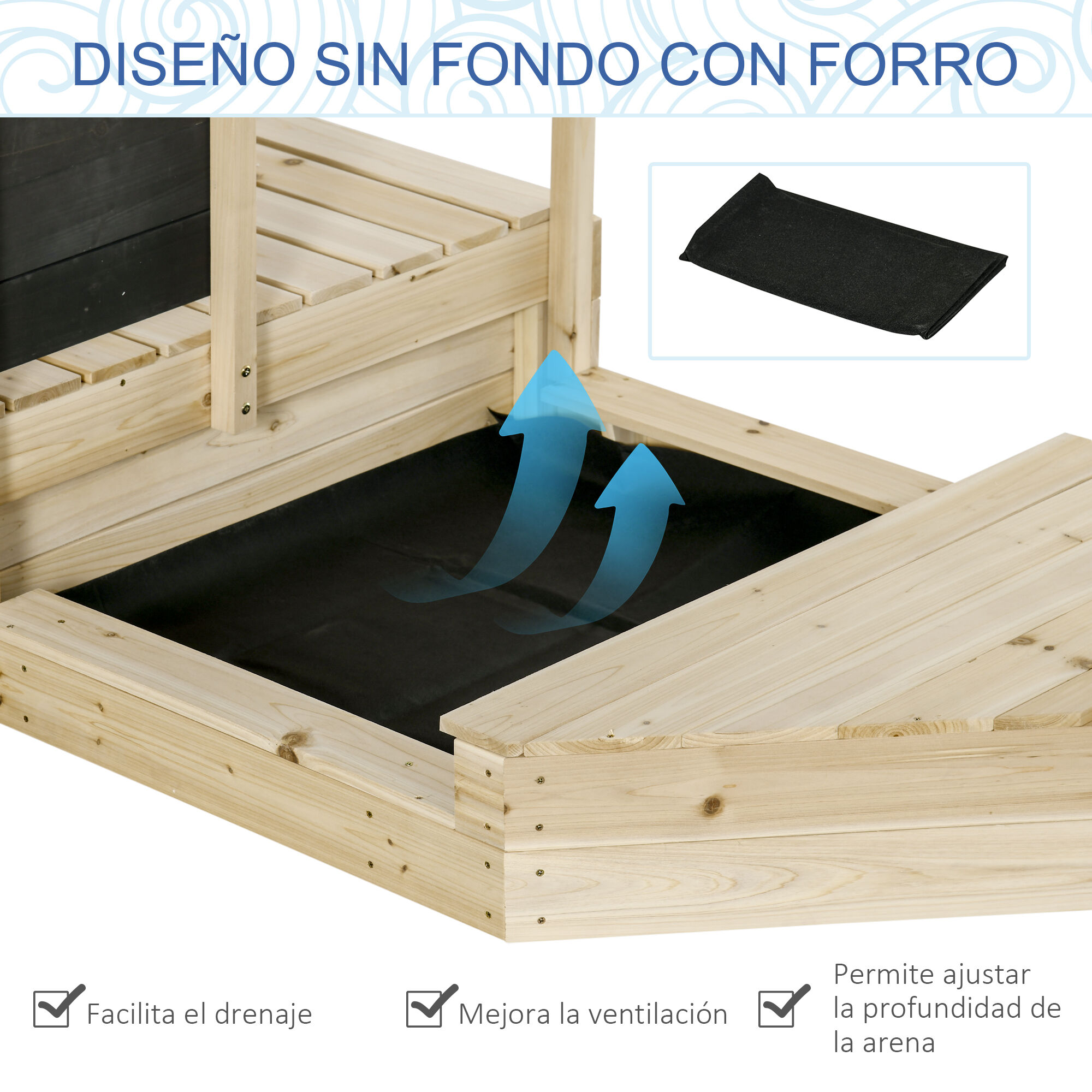 Outsunny Arenero Infantil de Madera Caj&oacute;n de Arena de Jard&iacute;n Dise&ntilde;o de Gale&oacute;n con Vela Toldo Pizarra Bandera Roja y Tim&oacute;n para Ni&ntilde;os de +3 A&ntilde;os 180x91,5x144 cm Natural, , large Imagen numero 5