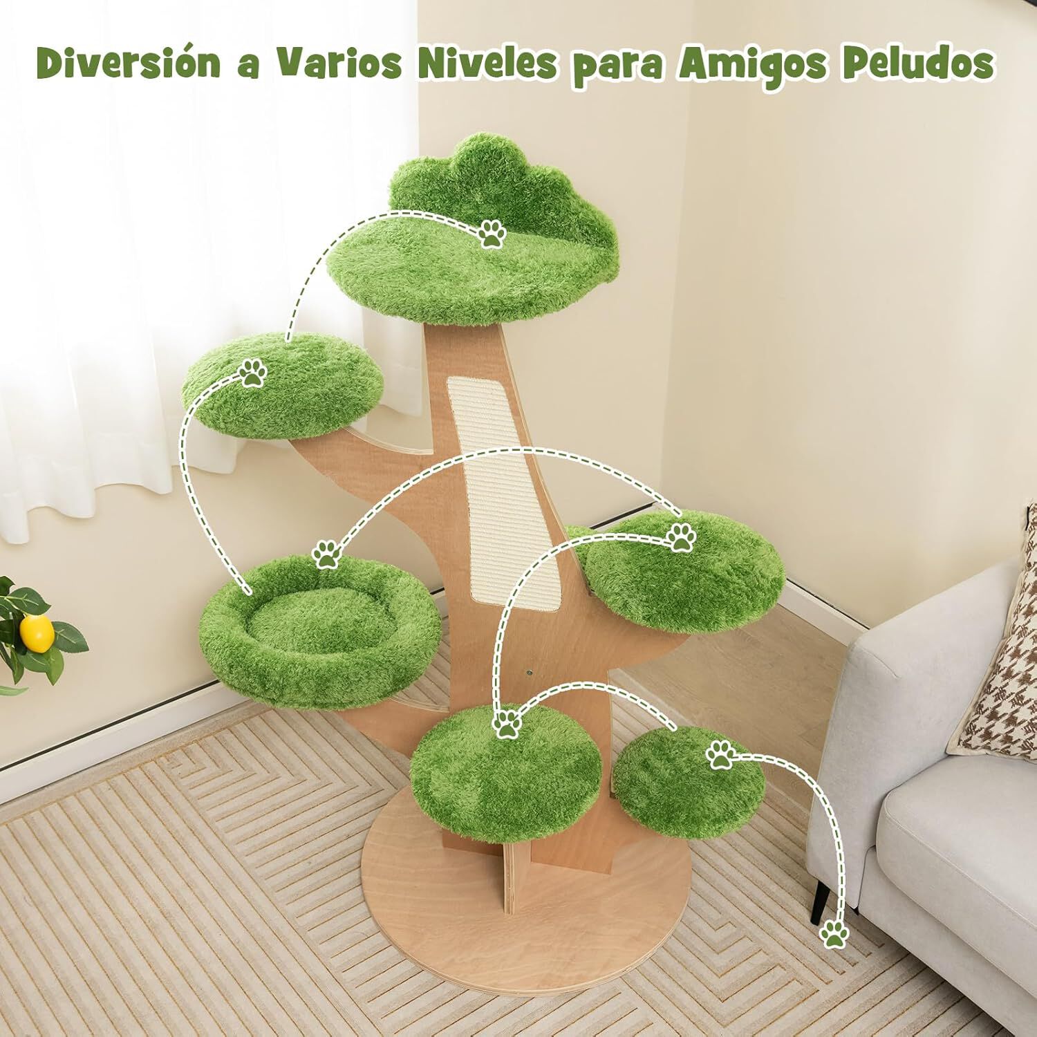 COSTWAY &Aacute;rbol para Gatos Altura 128 cm, Torre para Gatos con Tabla Rascadora, Perca Superior de Felpa, Plataformas de Salto, Centro De Actividades Multifuncional para Gatitos, , large Imagen numero 2