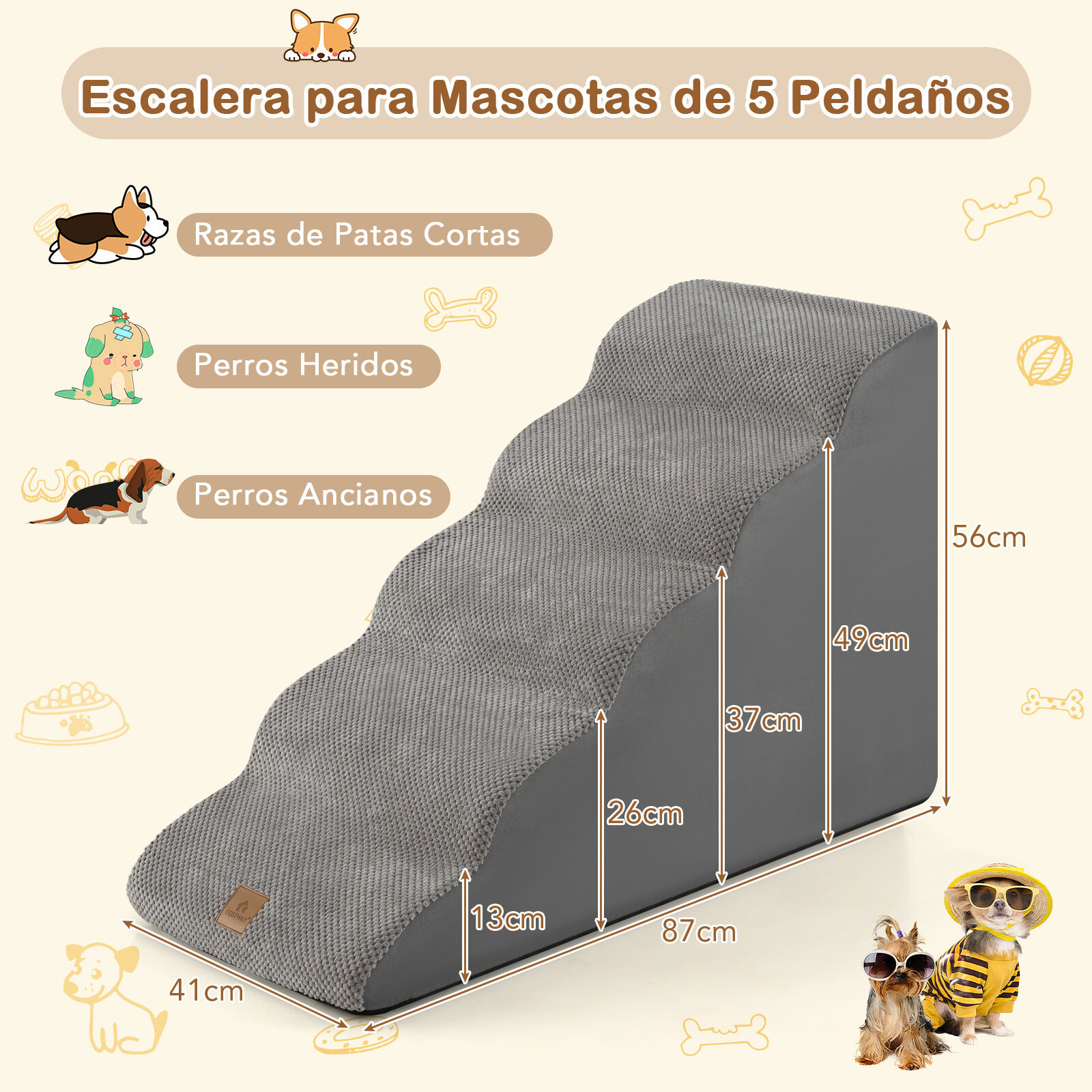 COSTWAY Rampa para Perro de Espuma, Escalera para Mascotas de 5 Niveles con Funda Lavable con Base Antideslizante (Gris), , large Imagen numero 5