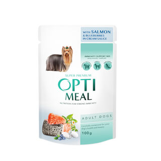 Optimeal Adulto Comida Húmeda con salmón y arándano en salsa cremosa para perros