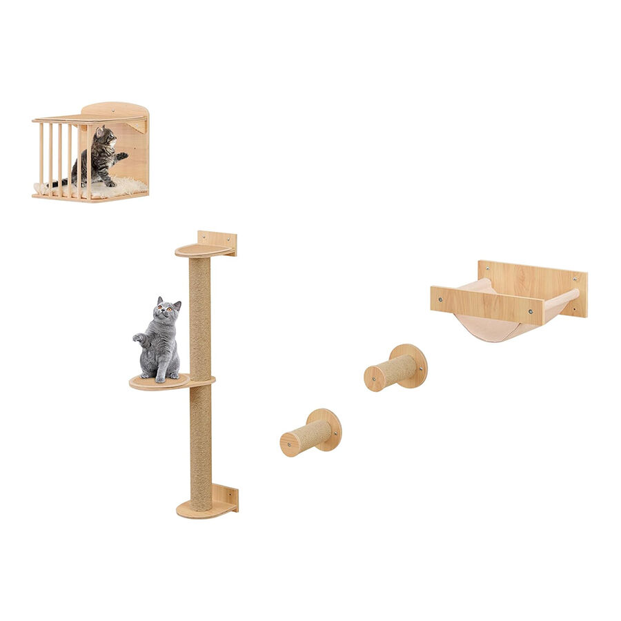 COSTWAY Set de Pared de Escalada para Gatos, 5PCS Estante de Escalada para Gatos de Pared, con Árbol de 3 Niveles, Hamaca, Poste y Alfombras Rascadores, Centro de Actividades Que Ahorra Espacio thumbnail