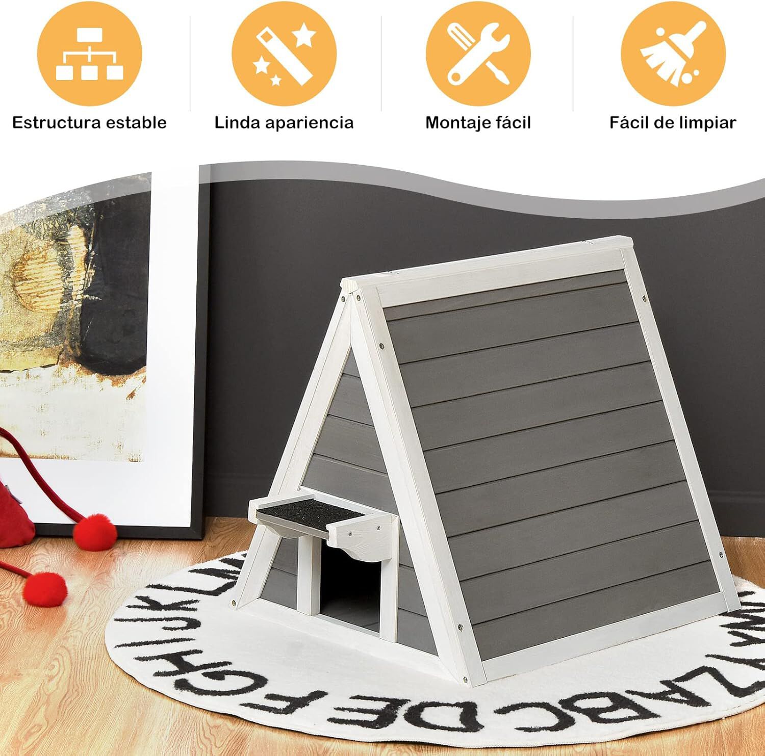 COSTWAY Casa Triangular de Madera con Techo Resistente a la Intemperie para gatos thumbnail