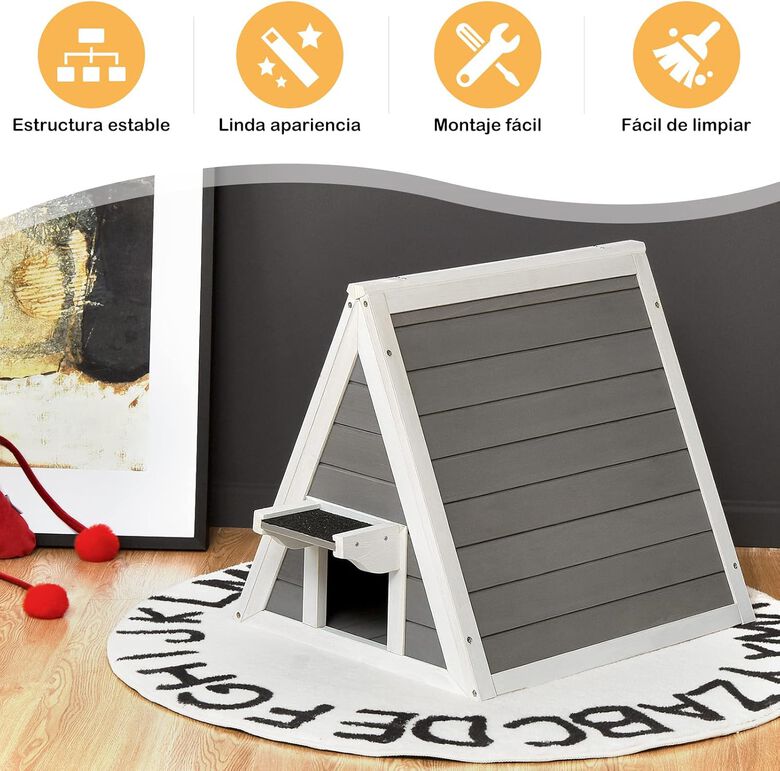 COSTWAY Casa Triangular de Madera con Techo Resistente a la Intemperie para gatos thumbnail