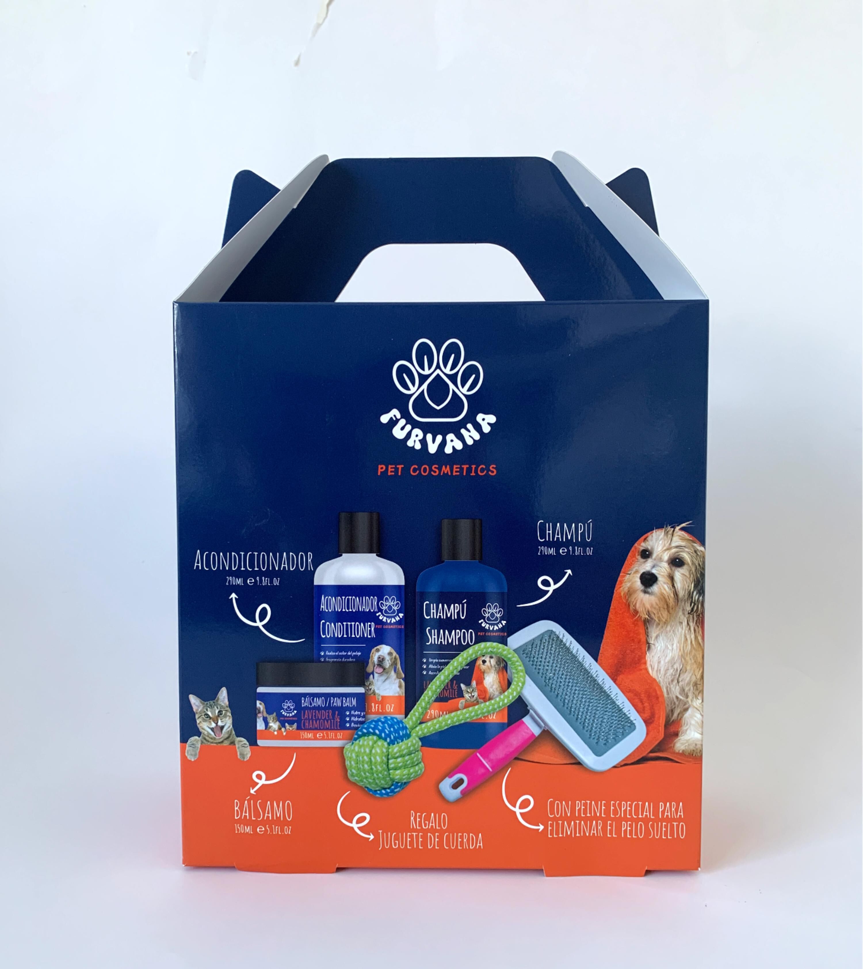 FURVANA Set de Regalo Cepillo + Juguete Mordedor para Perro (Champ&uacute; 290 ml + Acondicionador 290 ml + B&aacute;lsamo Almohadillas 150 ml + Cepillo + Juguete), , large Imagen numero 2