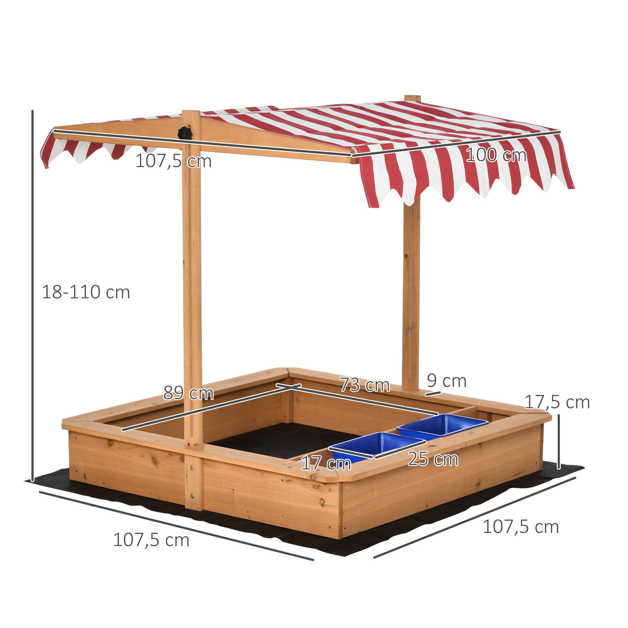 Outsunny Arenero Infantil de Madera con Techo Inclinable Ajustable en Altura y 2 Cubetas de Pl&aacute;stico Caj&oacute;n de Arena de Jard&iacute;n para Ni&ntilde;os +3 A&ntilde;os 107,5x107,5x110 cm Natural, , large Imagen numero 3