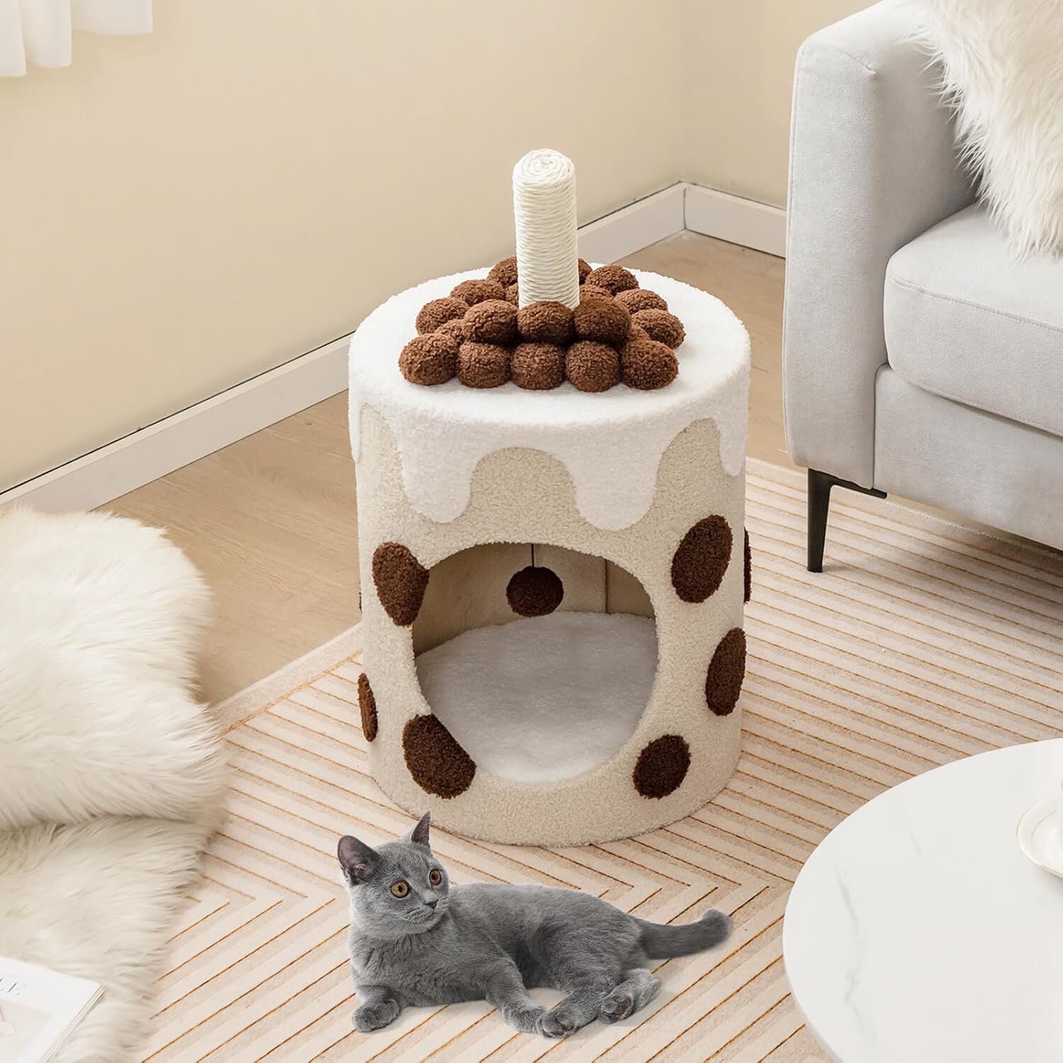 COSTWAY Torre de &Aacute;rbol para Gatos en Forma de T&eacute; de Burbujas, Condominio para Gatos, Cueva para Gatos con Rascador de Sisal y Bola Colgante (Caf&eacute; y Beige), , large Imagen numero 2