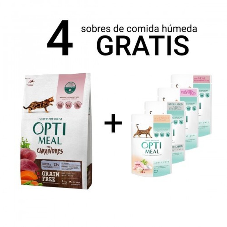 Promoción 4 kg pienso Optimeal + 4 sobres comida húmeda para gatos sabor Pato y verduras, , large image number null