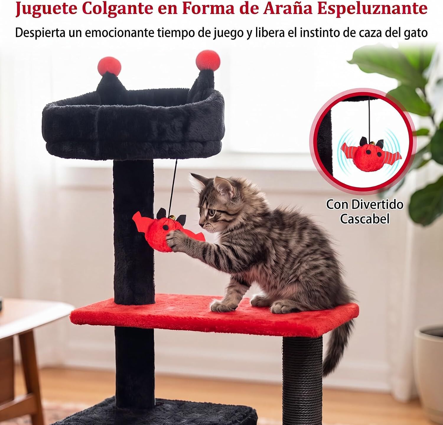 COSTWAY 144 cm &Aacute;rbol Rascador para Gatos G&oacute;tico de Interior, Rojo Torre para Gatos Multinivel con Postes Rascadores, Plataformas, Casita y Juguete Colgante, Centro de Actividad para Mascotas, , large Imagen numero 5