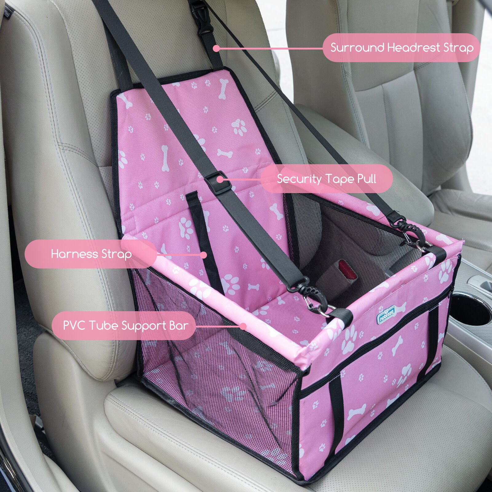 Nobleza Asiento de seguridad para coches rosa  con bolsillo para perros thumbnail