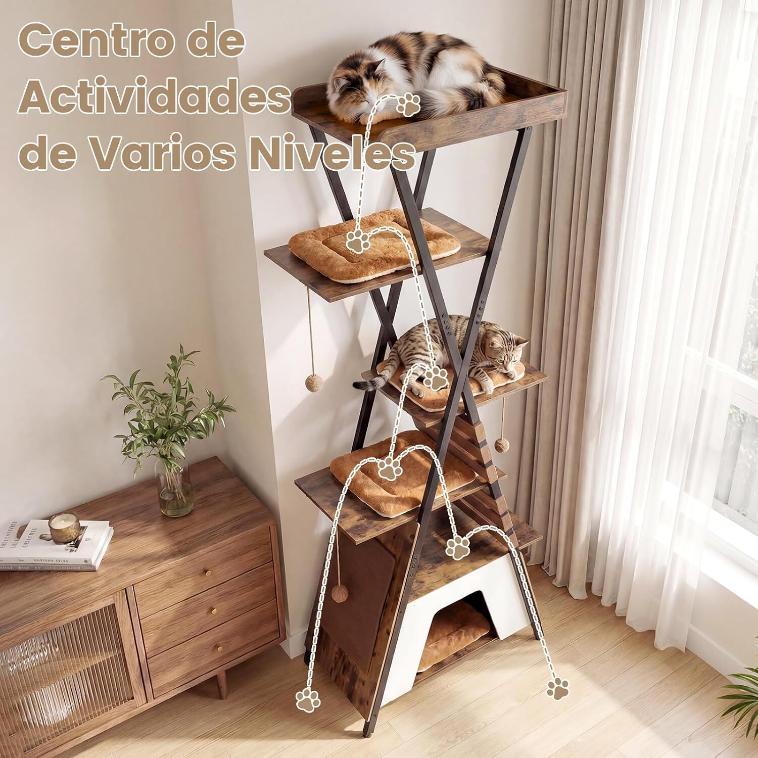 COSTWAY &Aacute;rbol Rascador para Gatos de 185 cm, Torre Gatos con 4 Plataformas, 4 Cojines de Peluche, Cueva, Alfombra Rascadora, Bandas El&aacute;sticas, Bolas Colgantes, Casa Gato, Castillo para Gato, Marr&oacute;n, , large Imagen numero 4