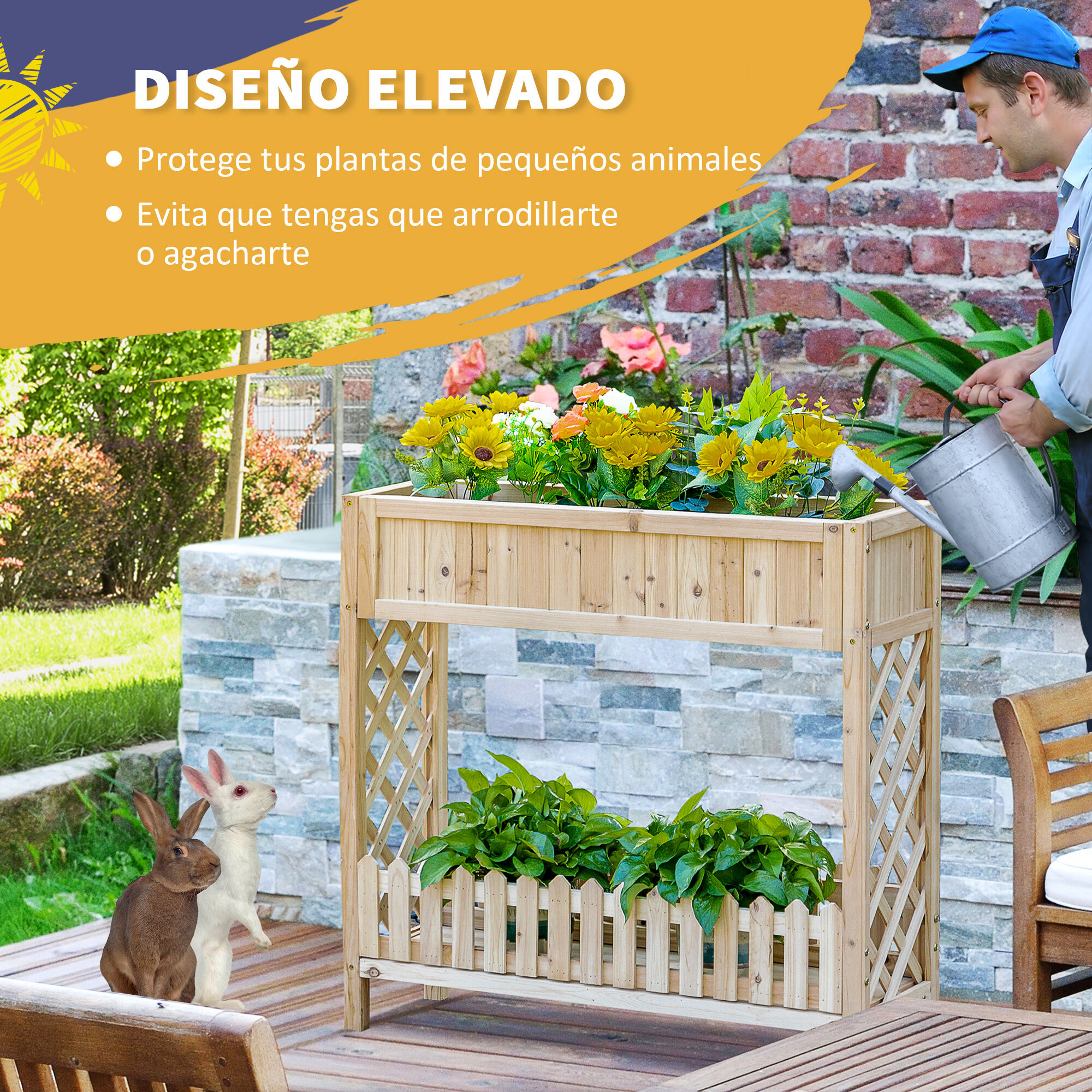 Outsunny Huerto Urbano de Madera 90x30x90 cm Mesa de Cultivo con Estante Inferior Seto Decorativo y 4 Orificios de Drenaje para Plantas Macetas Flores Natural, , large Imagen numero 5