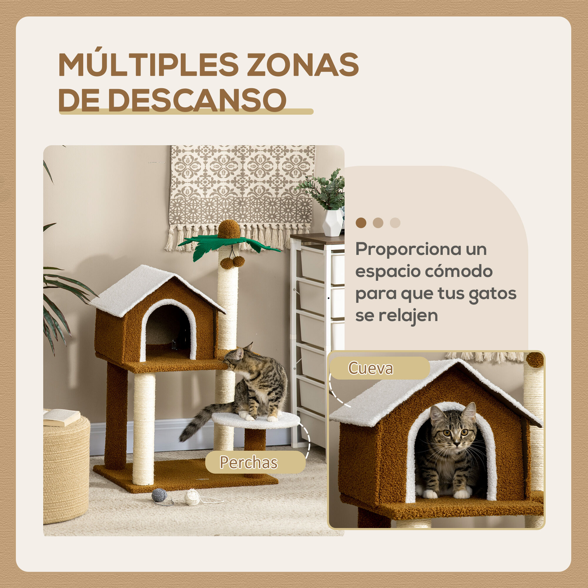 PawHut &Aacute;rbol Rascador para Gatos Altura 89 cm Torre para Gatos con Caseta de Felpa Plataforma Poste en Forma de Coco de Sisal y Bolas Colgantes 55x40x89 cm Marr&oacute;n, , large Imagen numero 4