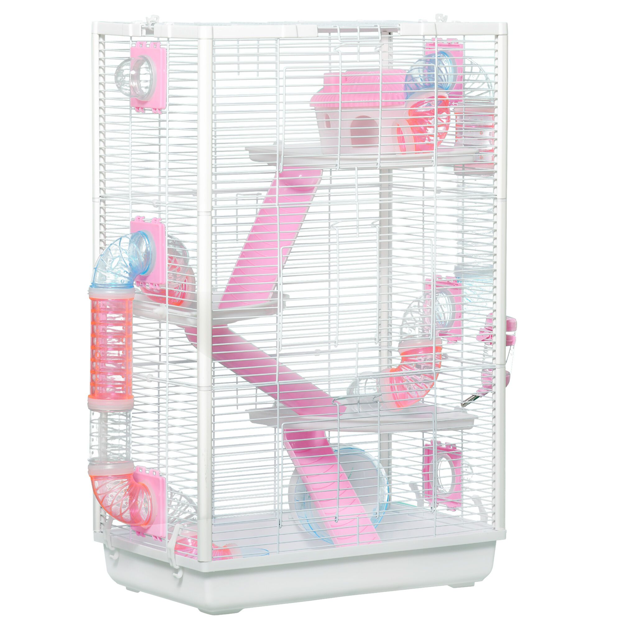 PawHut Jaula para H&aacute;mster con T&uacute;nel Casa para Animales Peque&ntilde;os 47x29,5x76 cm con 3 Puertas Plataformas Bandeja Cuenco Bebedero Casita 3 Rampas y Rueda de Ejercicio Blanco, , large Imagen numero 1