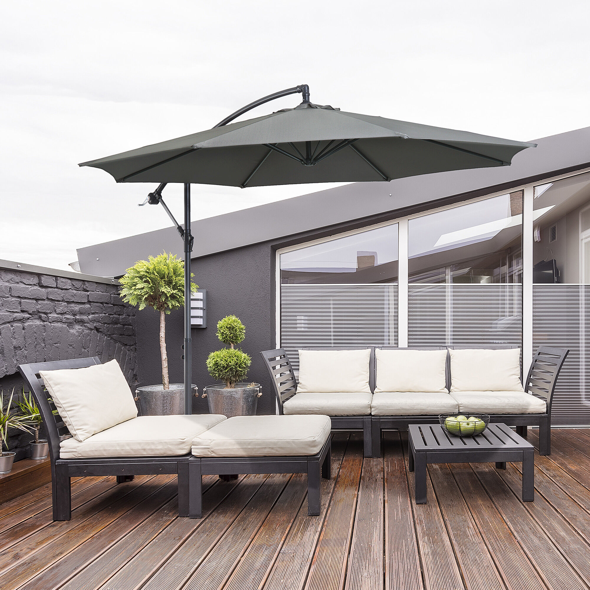 Outsunny Sombrilla de Jard&iacute;n &Oslash;300x250 cm Parasol Exc&eacute;ntrico Inclinable con Manivela Base Cruzada y Soporte de Acero Protecci&oacute;n Solar para Terraza Exterior Gris, , large Imagen numero 2