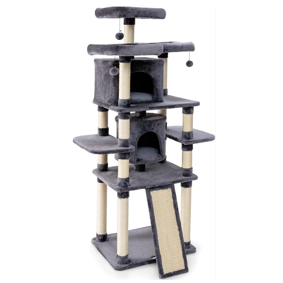 COSTWAY Rascador para Gatos, Torre Multinivel 170 cm para Gatos con Palos Rascadores y Tablas, Centro Actividad para Gatos con 3 Posaderos Afelpados, 2 Casitas Acolchadas, 3 Bolitas de Pelo Colgantes, , large Imagen numero 1