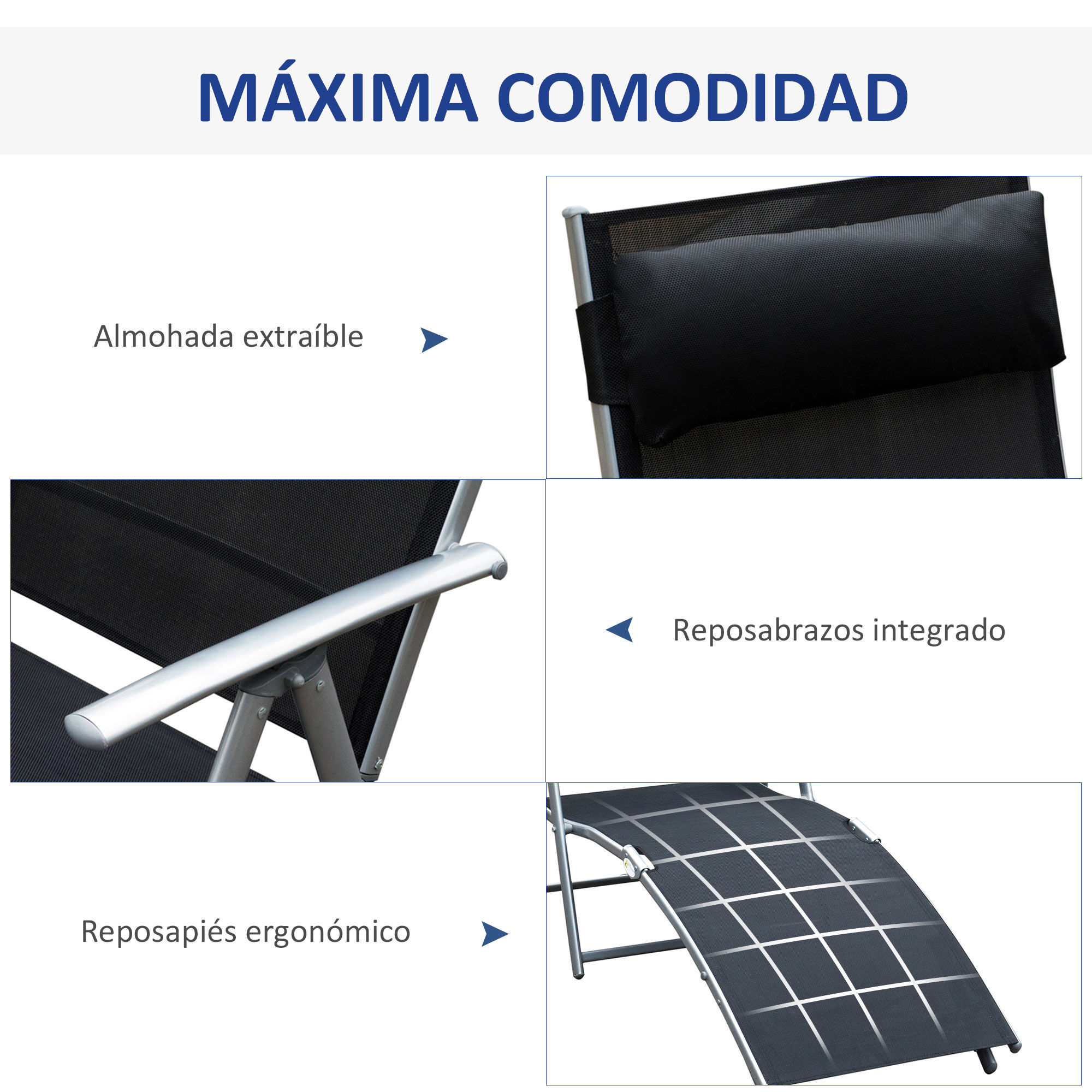 Outsunny Tumbona Plegable Tumbona de Jard&iacute;n con Respaldo Ajustable en 7 Niveles Almohada y Reposabrazos Carga 165 kg para Piscina Terraza Camping 137x63,5x100,5 cm Negro, , large Imagen numero 5