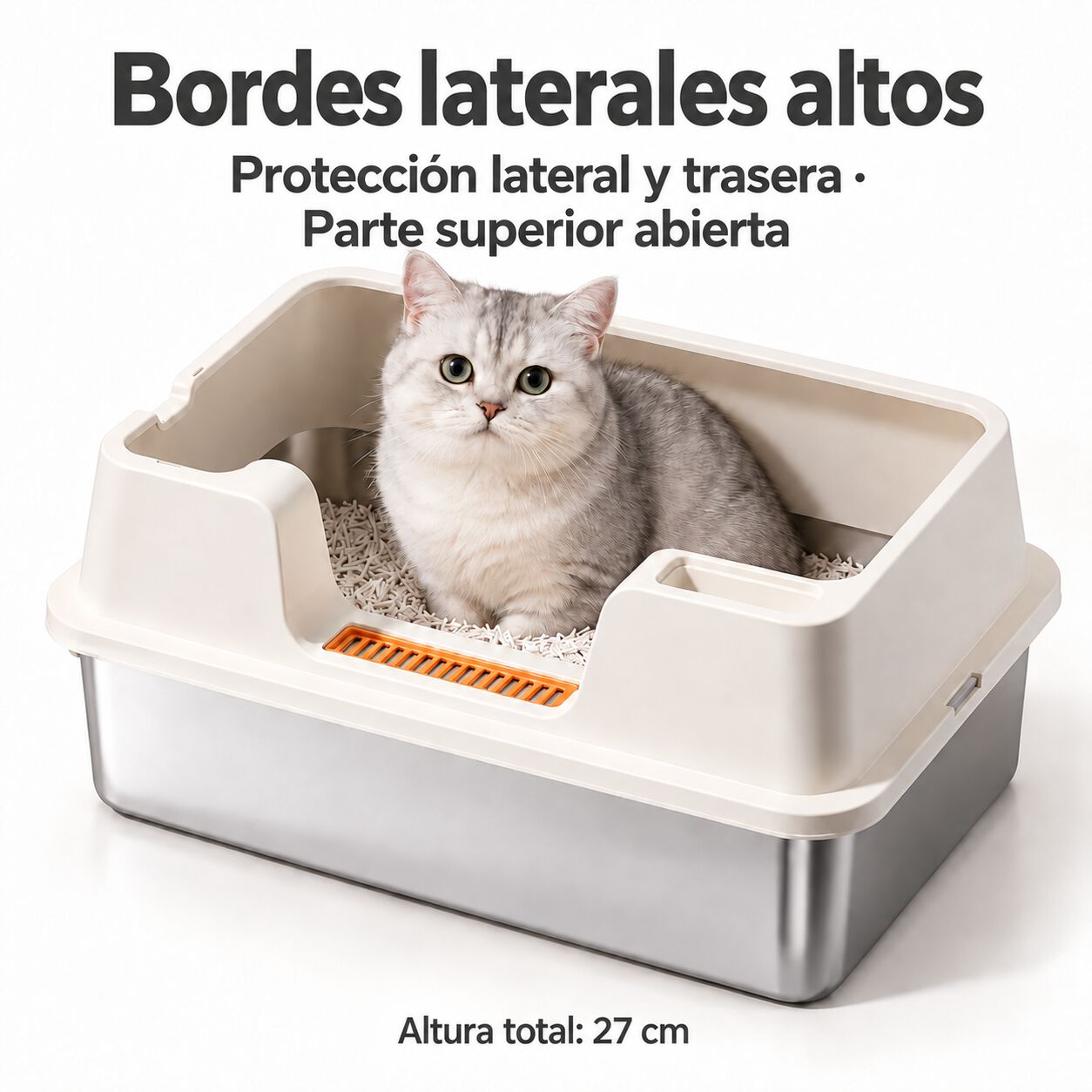 Arenero XL de acero inoxidable para gatos con bordes altos, blanco roto, 60 &times; 40 &times; 27 cm, , large Imagen numero 3