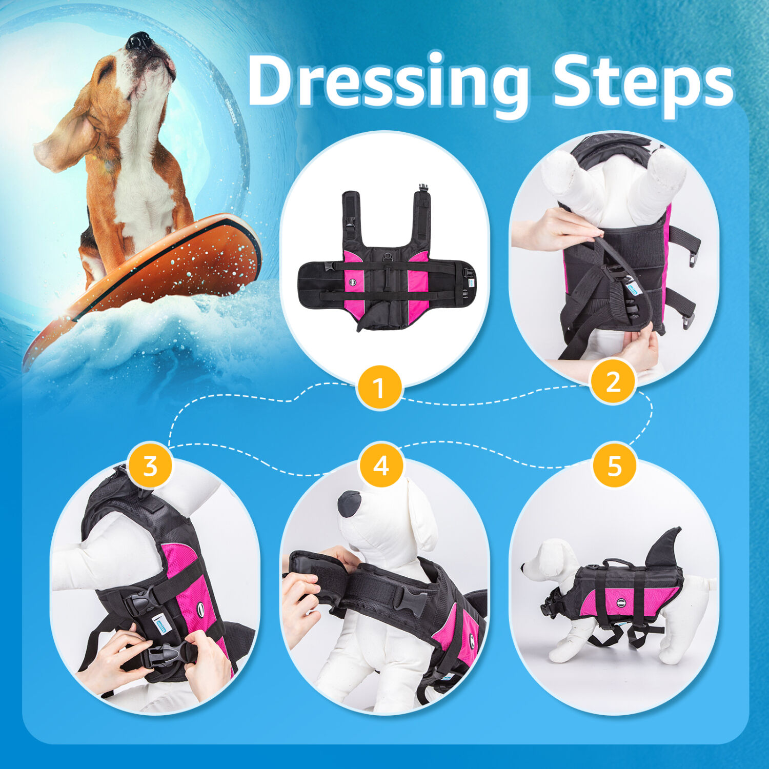 Nobleza - Chaleco Salvavidas para Perros con Aleta De Tibur&oacute;N, Flotador Perro con Tiras Reflectantes, Chaleco de Nataci&oacute;n para Perro con Asa y Alta Flotabilidad para Nadar, Surf, Navegar, Rosa(L), , large Imagen numero 5